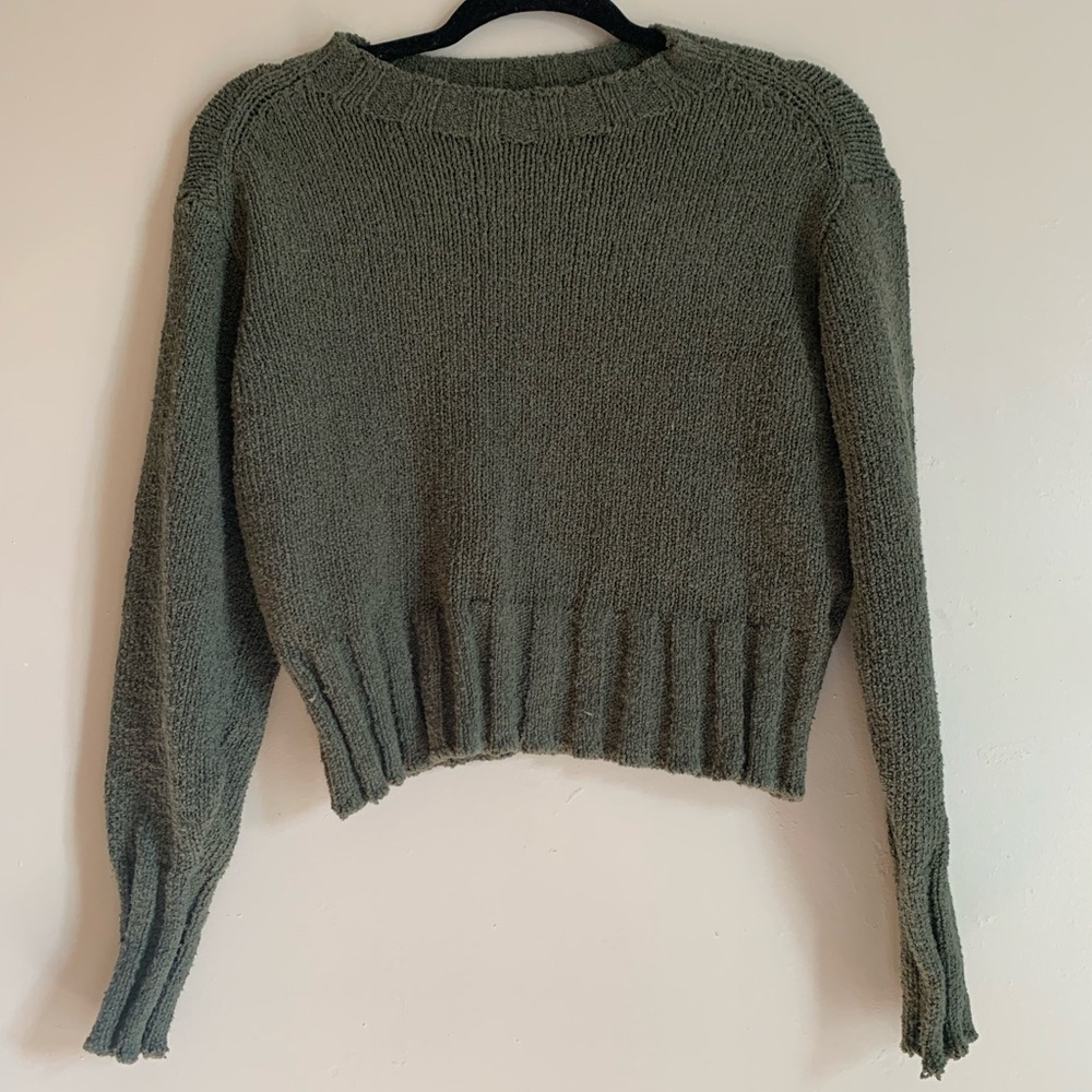 J. Crew Forest Green Crew Neck Sweater Crop Women Size XXS Cotton Winter Top